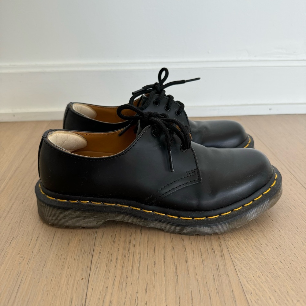 Dr. Martens Black Leather Lace-Up Oxfords with Yellow Stitching